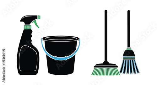 Cleaning supplies including a spray bottle bucket and several brooms