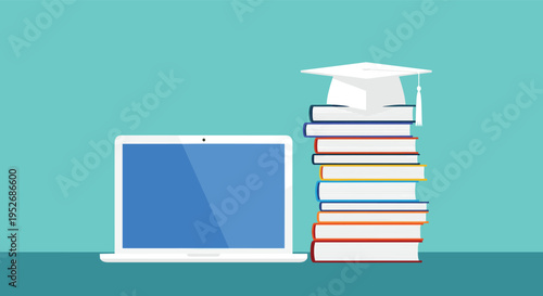 Online learning and academic study concept features a modern laptop next to a tall stack of colorful textbooks and a mortarboard.