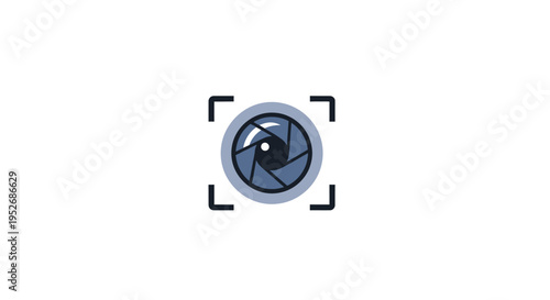Minimalist camera lens icon within a focusing frame, isolated on a white backdrop