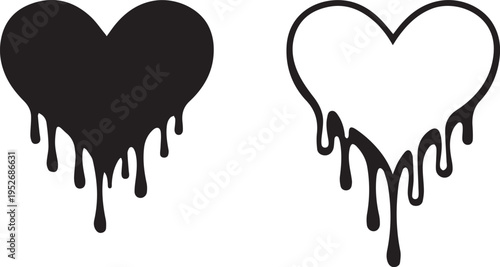 Black silhouette and outline of dripping hearts on a white background for design Vector, illustration