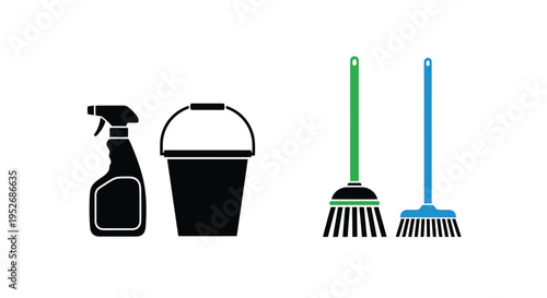 Cleaning supplies including a spray bottle bucket and two brooms