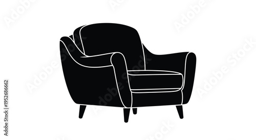 A simple black and white illustration of a modern upholstered armchair