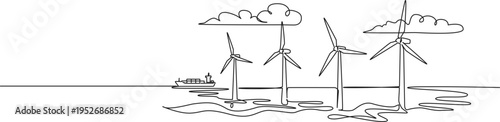 continuous line drawing of offshore wind farm, line art vector illustration