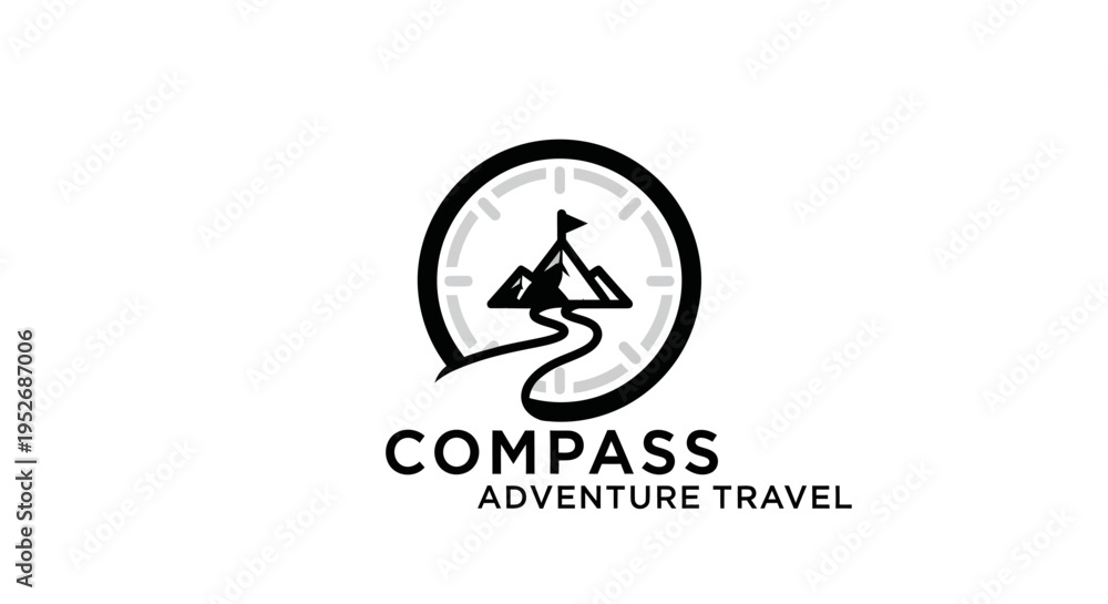 Fototapeta premium Minimalist Compass Adventure Travel Logo Depicting Mountains, Road, and Flag Design
