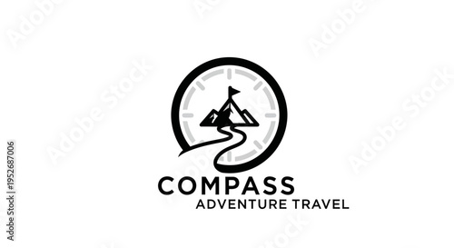 Minimalist Compass Adventure Travel Logo Depicting Mountains, Road, and Flag Design