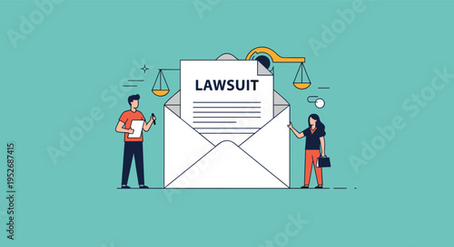 Legal action and litigation concept shows professionals with a large lawsuit document emerging from an open envelope.