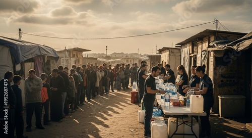 Humanitarian Aid Distribution in a Refugee Camp at Sunset.