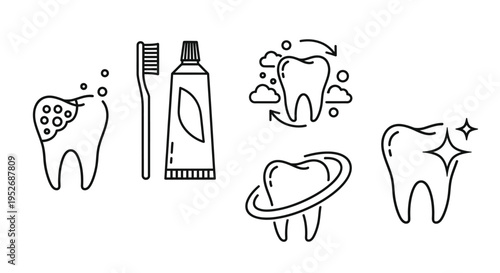 dental health care icons illustrating tooth decay brushing protection and sparkling clean teeth for oral hygiene concepts