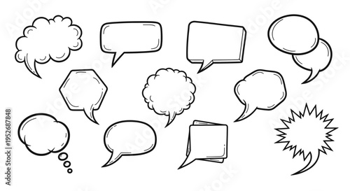 hand-drawn comic speech and thought bubbles isolated on white ideal for dialogue communication and graphic design projects.