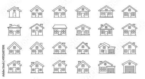 simple outline house icons collection representing diverse residential buildings perfect for real estate web design and smart home app development.