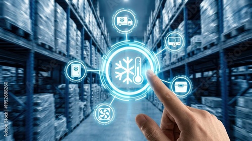 Cold chain logistics, temperature control, smart warehouse, supply chain, refrigerated storage, food safety, industrial automation system with IoT interface for monitoring goods.