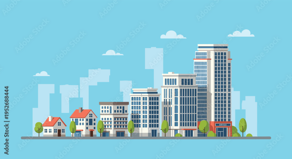 Obraz premium Urban development and architectural progress represented by a sequence of buildings growing into a modern city skyline.