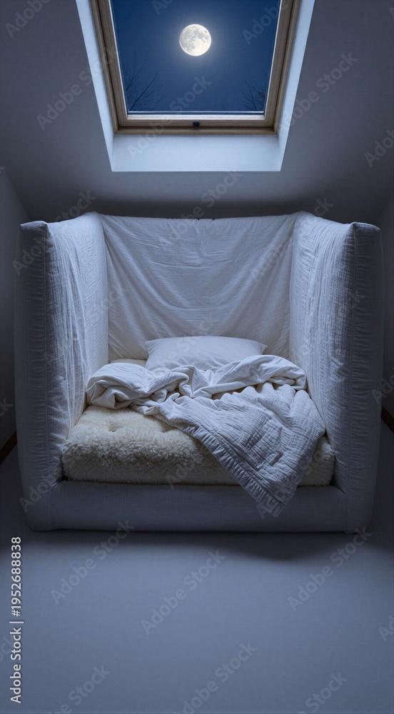 Fototapeta premium Upholstered reading chair with rumpled bedding under moonlit skylight