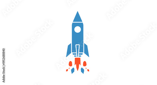 A stylized rocket ship soaring upwards in a simple design on a white backdrop