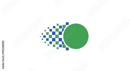 Abstract Digital Design: Green Circle and Pixelated Trail on a White Background