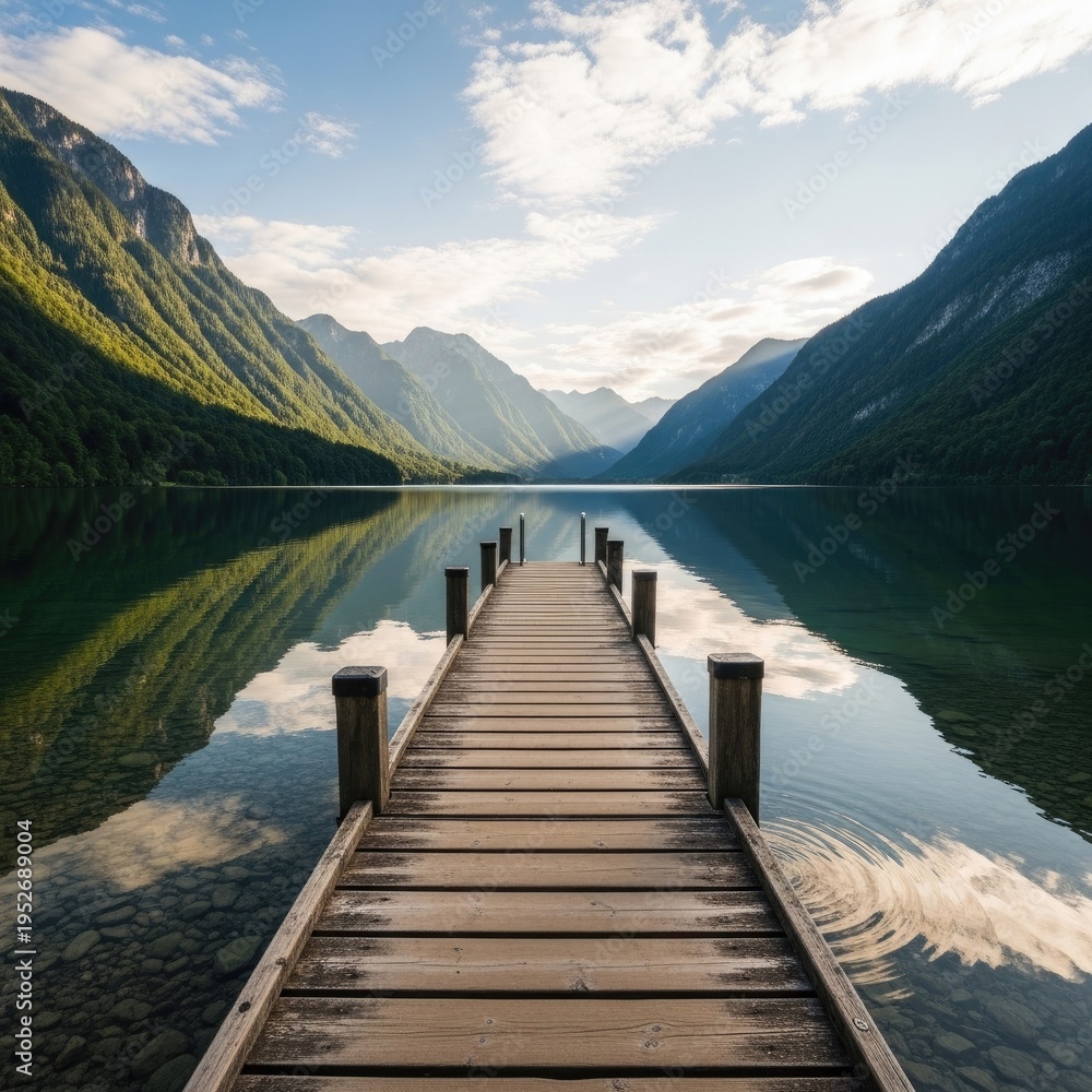 Obraz premium Wooden pier extends into tranquil lake surrounded by mountains and sky scenery