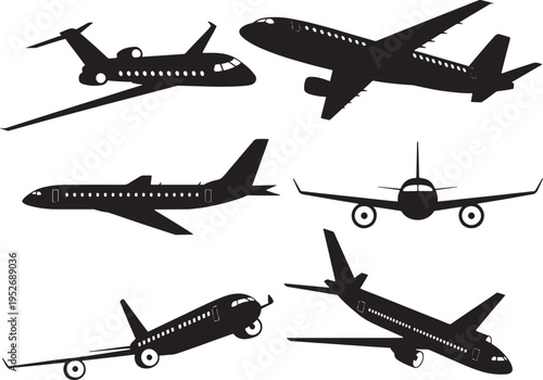 Commercial Airplane Silhouette Set, Passenger Aircraft Vector Icons