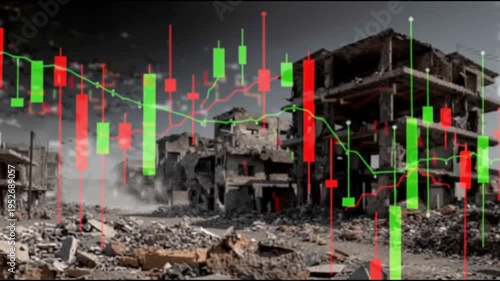 Capital war financial conflict. Investment strategy. Investment conflict. War-torn city ruins with overlaid red and green stock market candlestick charts