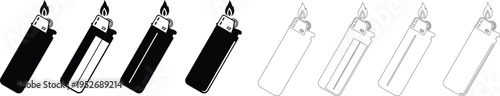 Lighter icons set  flame gas lighter symbols for ignition, smoking accessory, fire starter tool vector silhouettes and outline designs for camping and daily use collection group