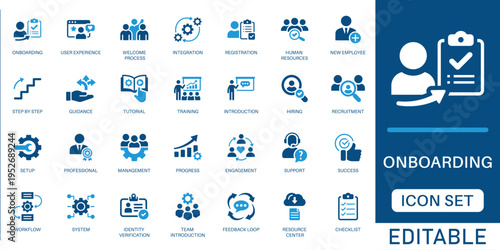 Onboarding icon set. featuring user registration, employee integration, step-by-step guidance, and training elements in blue flat design style.