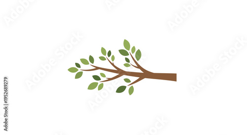 Minimalist branch illustration with vibrant green leaves on a pristine white background