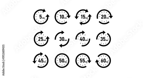 simple time duration icons showing 5 to 60 minutes ideal for digital design projects process visualization and deadline reminders