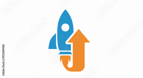 Rocket ship with an upward arrow showing growth and success on a white background