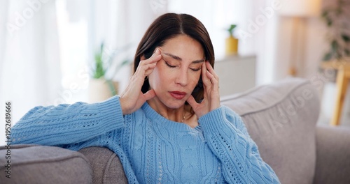 Quadro em tela Woman, headache and stress on sofa in home with brain fog, dizzy and muscle tension
