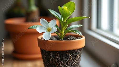 terracotta. Single flower in a small terracotta pot with crowded visible roots. gardening catalogs, home-decor guides, designed for home decor and floral branding, enhances decor appeal.