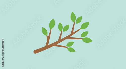 Stylized illustration of a tree branch with green leaves against a pale blue backdrop
