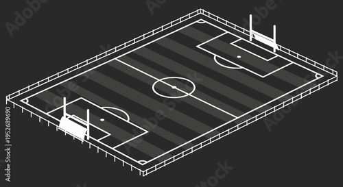 Isometric soccer football field stadium layout, detailed sport game ground on dark background