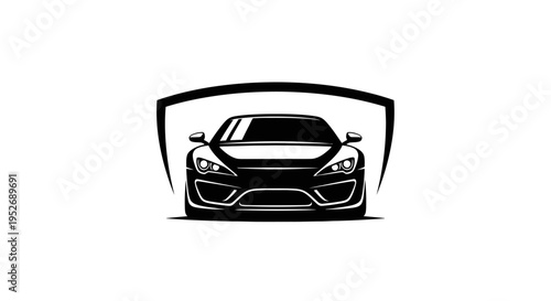 Sleek black sports car front view, modern powerful vehicle in abstract shield frame on isolated white background