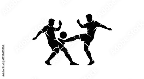 Two Soccer Football Players Kicking Ball Action Silhouette on isolated white background