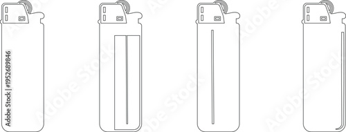 Lighter icons set  flame gas lighter symbols for ignition, smoking accessory, fire starter tool vector silhouettes and outline designs for camping and daily use collection group