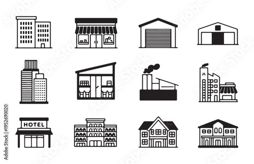 Commercial and industrial building icons set including hotel shop factory warehouse and office architecture