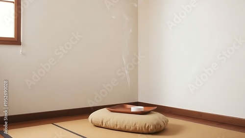 incense. A single meditation cushion in a simple room with soft light and incense smoke. wellbeing guides, coaching materials, designed for mental health education and mindfulness programs.