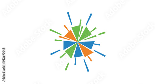 Abstract geometric burst design composed of colorful triangles and lines on a white background