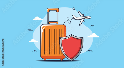 Travel insurance and baggage protection concept features an orange suitcase next to a shield under a flying airplane.