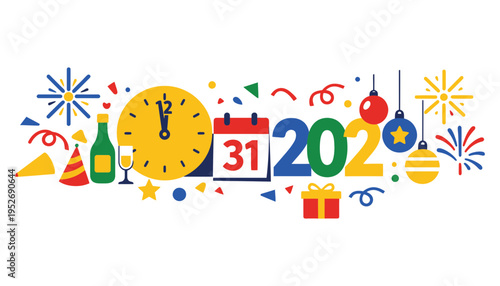 New Year celebration icon with colorful decorations and party elements