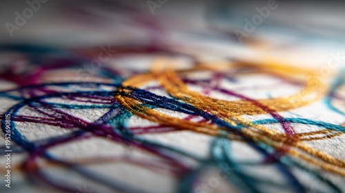 Close-up of scribbled colored lines on paper, showcasing depth of field and vibrant hues. Textured surface