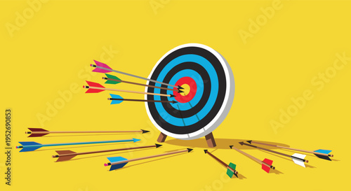 Success through persistence and practice concept shows a bullseye filled with arrows after many attempts on a yellow background.