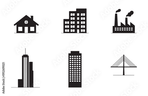 Simple building silhouettes including residential house apartment block industrial factory and modern bridge