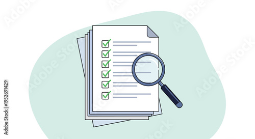Document review and audit process features a stack of completed checklists being examined through a magnifying glass.