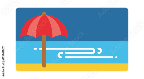 Red beach umbrella on sandy shore with calm ocean waves in sunny warm lighting for travel advertising
