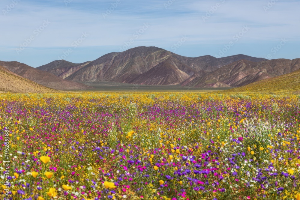 Obraz premium Vivid desert valley covered in wildflowers, rolling carpet of poppies, lupines and daisies beneath clear blue sky, distant brown mountains, bright sunlight, panoramic spring landscape evoking