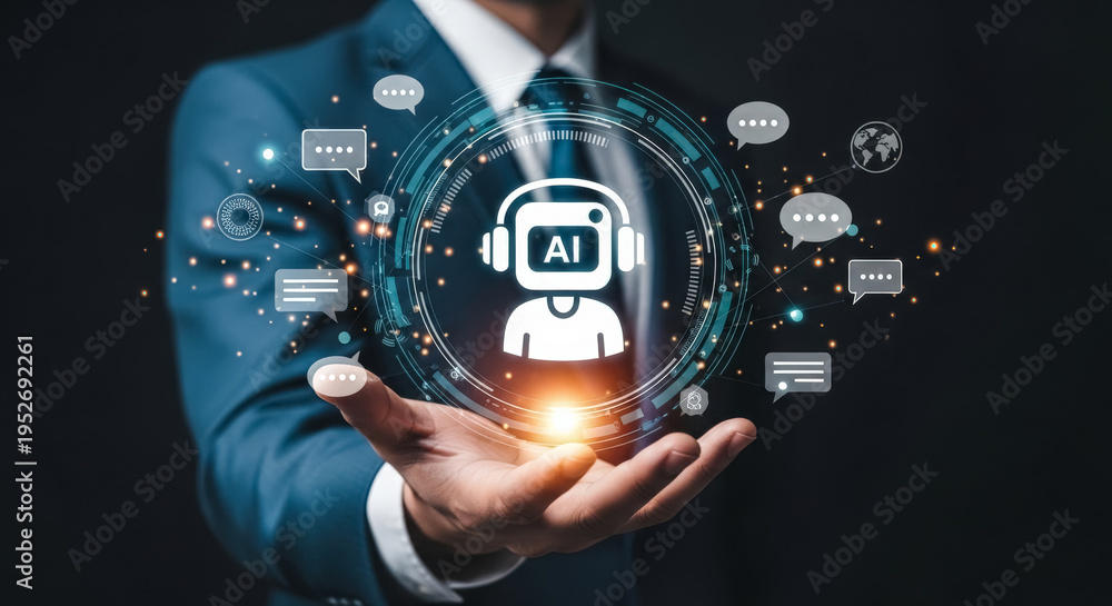 Fototapeta premium Businessman showcases holographic AI chatbot for digital communication