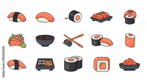 Japanese Sushi and Sashimi Vector Icon Set - Salmon Nigiri, Maki Rolls, and Seafood Illustrations for Restaurant Menu