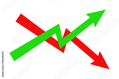 Business arrow icon, green arrows going up and the red arrows going down represent a stock market concept illustrating the profit and loss of trading, isolated on white, for web and app. Flat vector