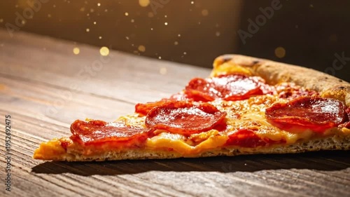 A close-up of a savory pepperoni pizza slice on rustic wood.