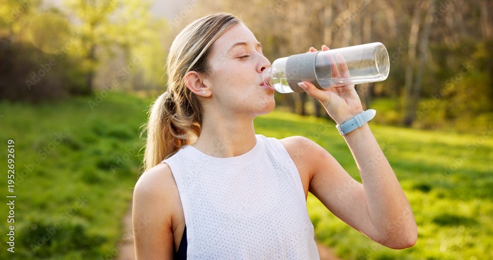 Fototapeta premium Woman, calm and drinking water in nature with fitness, hydration or break for thirst. Girl, bottle or liquid on mountain path for electrolytes, refreshment or healthy detox for wellness and nutrition